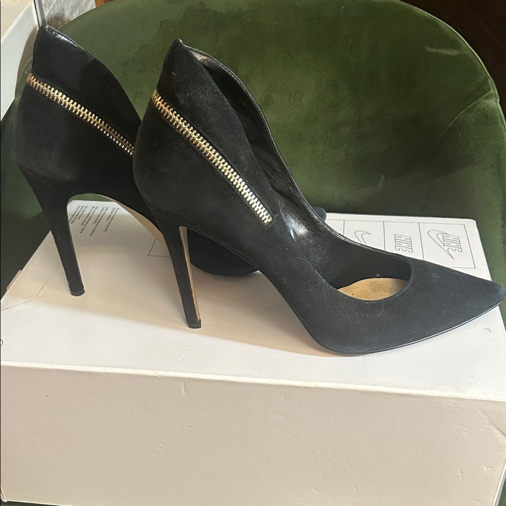 Black Suede Pointed-Toe High Heel Pumps with Gold Zip Detail